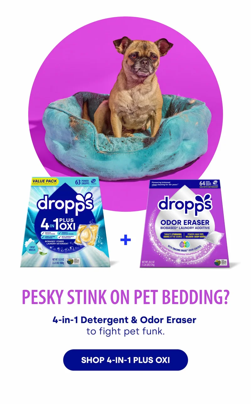 Pesky Stink on Pet Bedding? 4-in-1 Detergent & Odor Eraser  to fight pet funk. [SHOP 4-IN-1 PLUS OXI]