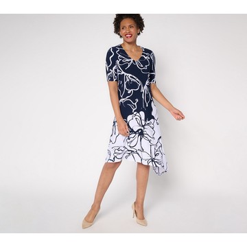 Dennis Basso Regular Printed Caviar Crepe Dress w/ Asymmetric Hem