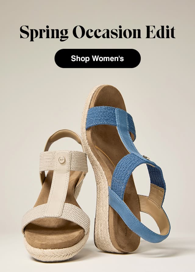 A light taupe background with a front-facing view of the Timina Wedge Sandal in Beige and the Timina Wedge Sandal in Blue positioned on its toe. The email says Spring Occasion Edit. Shop New Womens.