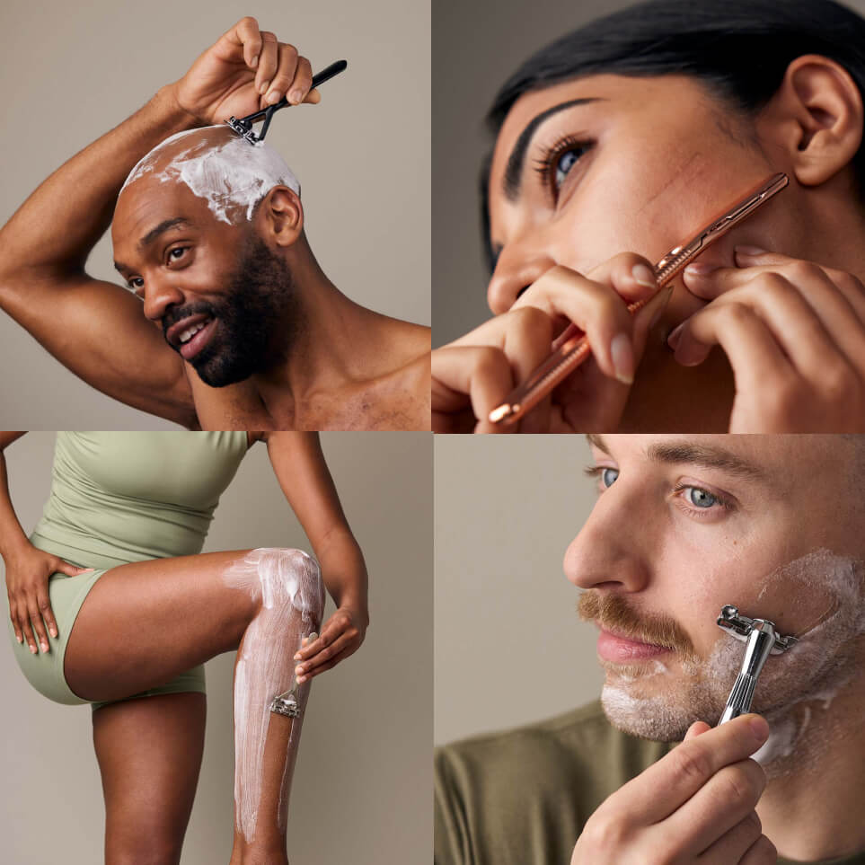 Four panels, each person shaving different parts of their body