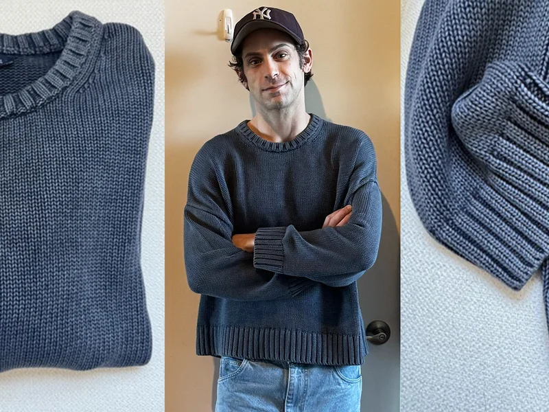 GQ contributor Reed Nelson wearing the $90 Gap sweater that ended his quest for a hard-to-find alternative.