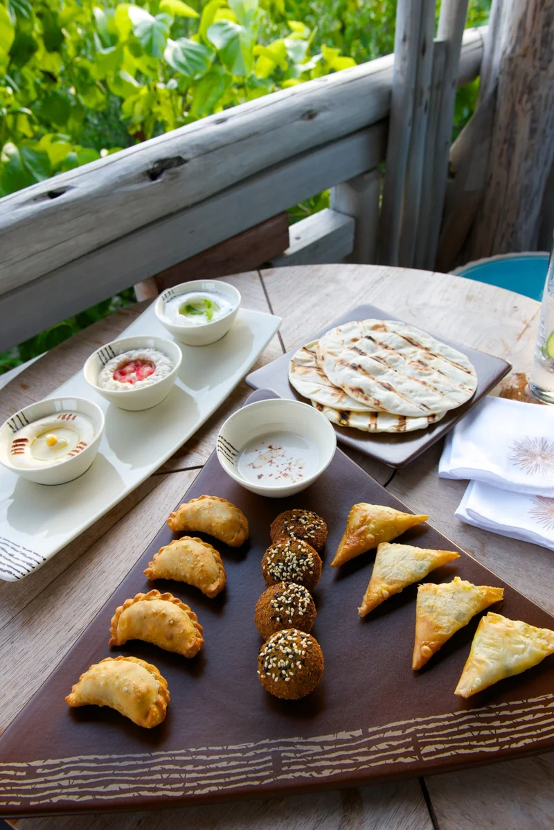 A typical Mediterranean spread that includes baba ganoush, hummus, falafel, pita—all made from plants—and tzatziki, a salted yogurt and cucumber dip that also contains olive oil, garlic, lemon juice, salt, and herbs.