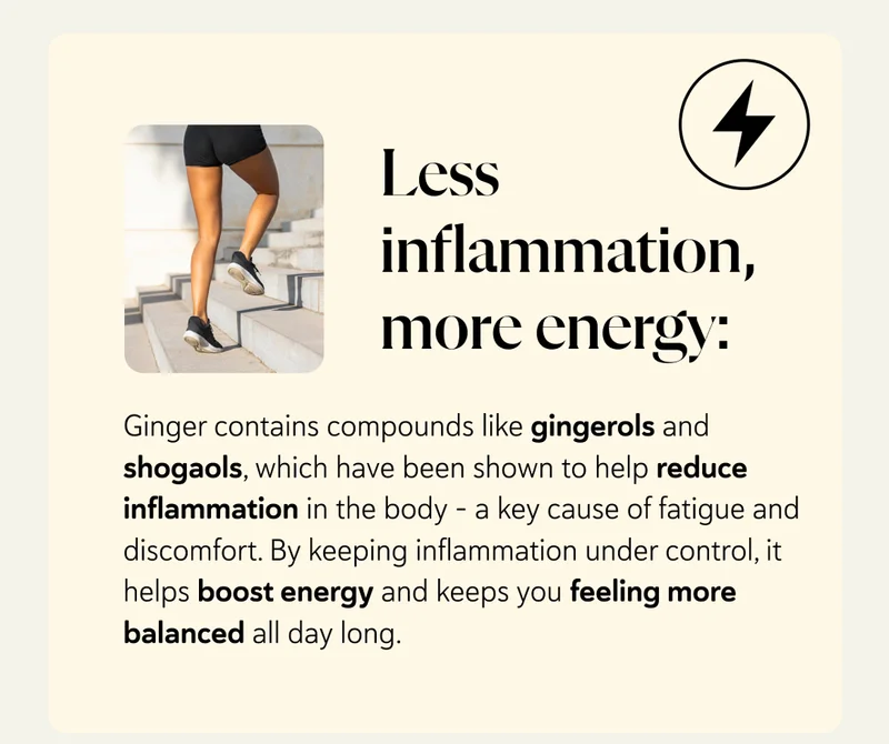Less inflammation, more energy: Ginger contains compounds like gingerols and shogaols, which have been shown to help reduce inflammation in the body – a key cause of fatigue and discomfort. By keeping inflammation under control, it helps boost energy and keeps you feeling more balanced all day long.
