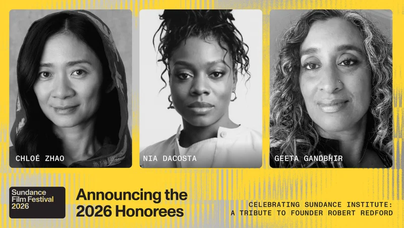 Graphic of Robert Redford Luminary Award Honorees with black and white profile pictures of Chloé Zhao, Nia DaCosta, and Geeta Gandbhir.