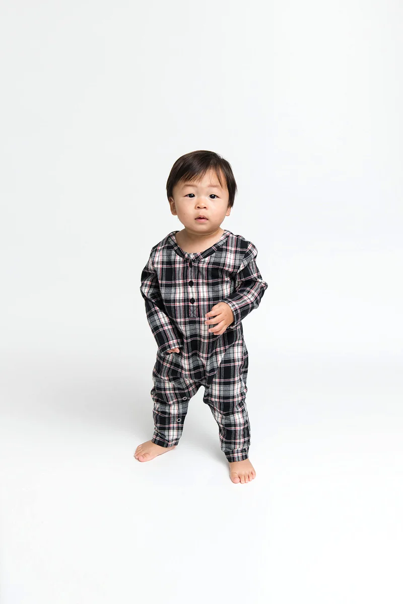 Image of Baby Remy Henley Romper in Black Plaid
