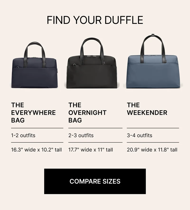 Find your duffle. Compare sizes