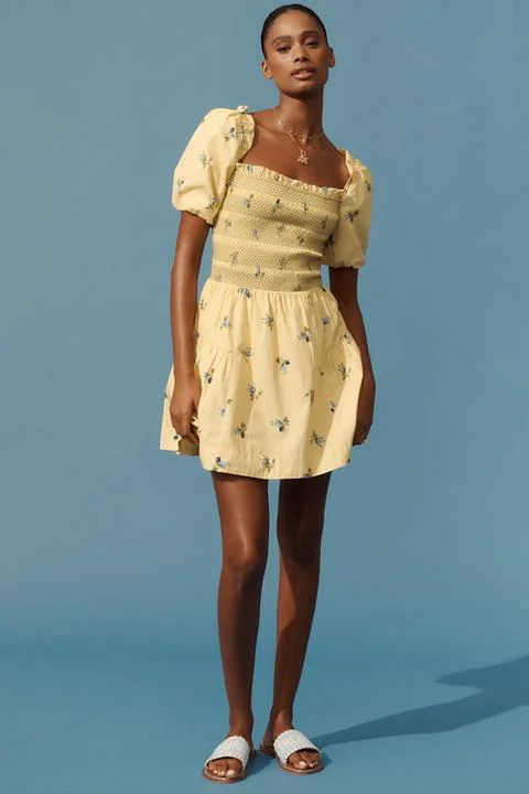 By Anthropologie Puff-Sleeve Square-Neck Smocked Mini Dress