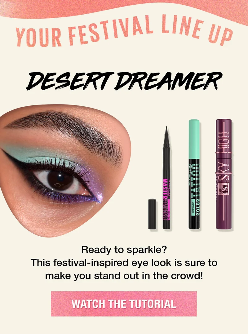 Desert Dream Eye Look with Master Precise Eyeliner, Color Tattoo Eye Stix, and Lash Sensational Sky High Mascara!