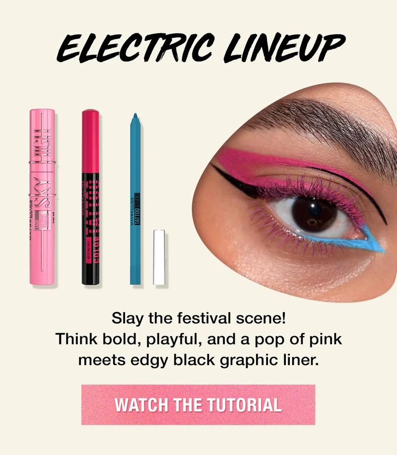 Electric Lineup Eye Look with Lash Sensational Sky High Mascara, Color Tattoo Eye Stix, and Tattoo Studio Gel Pencil Eyeliner