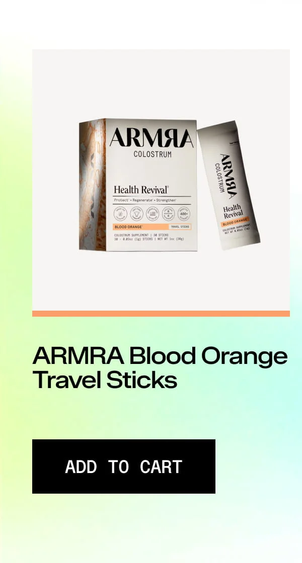 “ARMRa Blood Orange Travel Sticks ADD TO CART” Product box and single travel stick on gradient background.