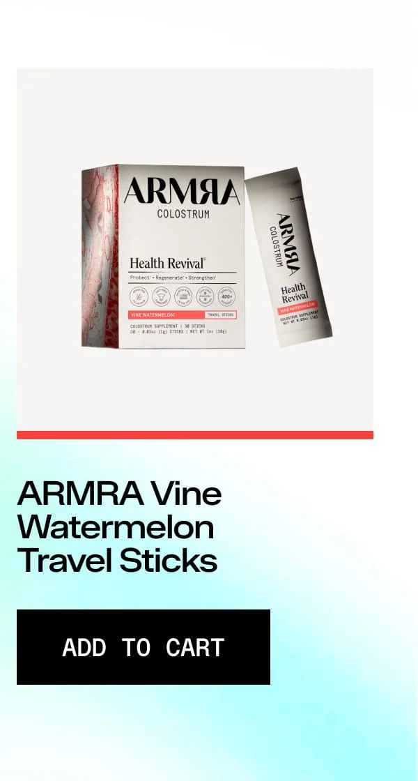 “ARMRa Vine Watermelon Travel Sticks ADD TO CART” Product box and single travel stick shown on light background.