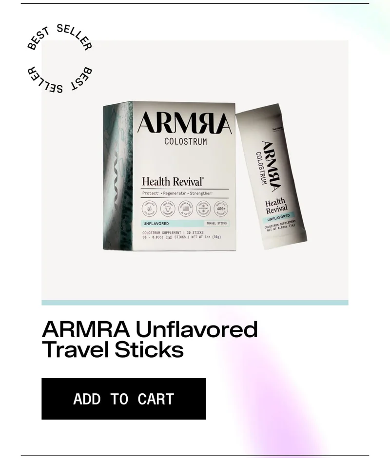 “BEST SELLER ARMRa Unflavored Travel Sticks ADD TO CART” Unflavored box and stick displayed on light background.