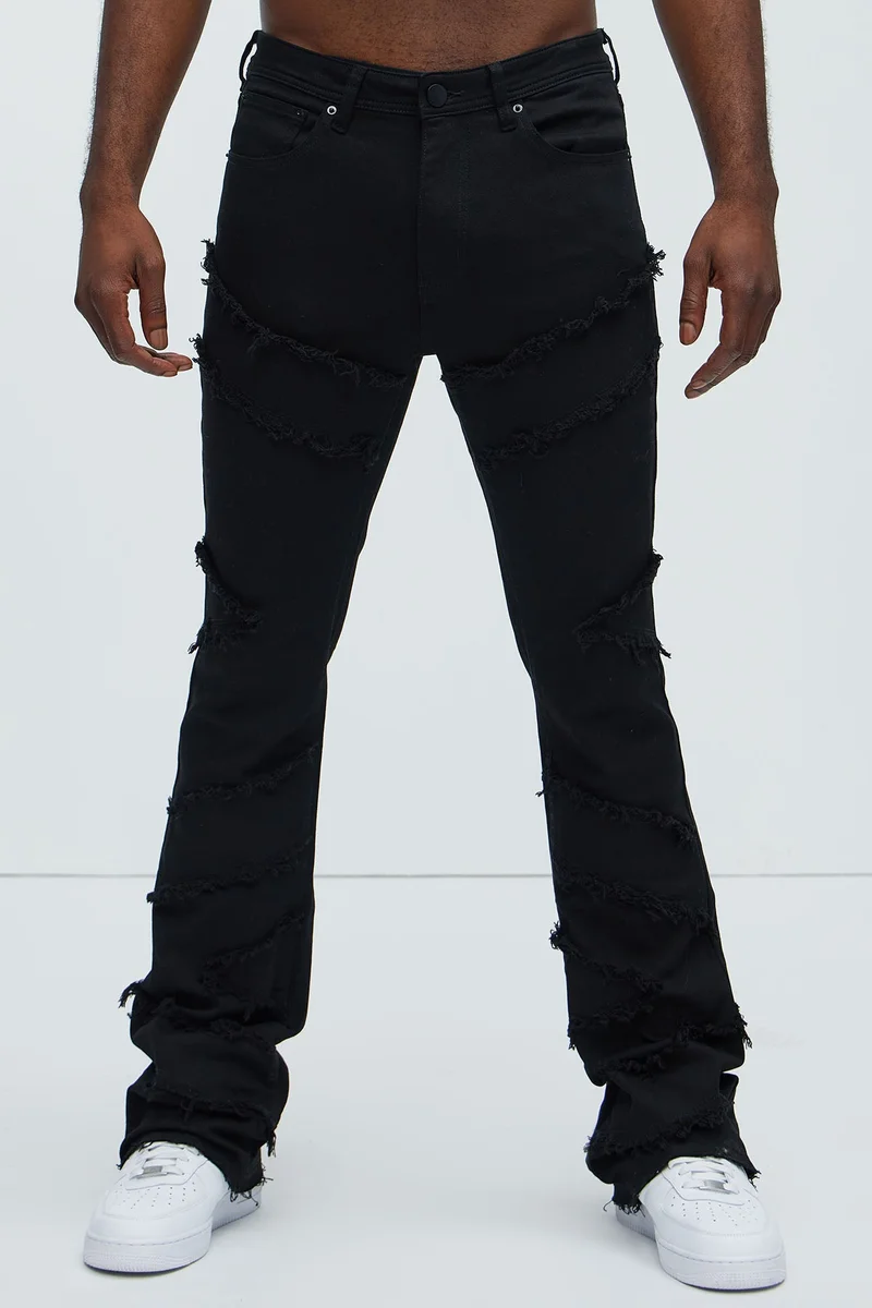 Image of All Over Fray Stacked Skinny Flare Jeans - Black