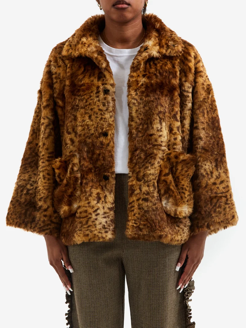 Image of RhodolirioN Eco Fur Stand Up Collar Coat - Leopard