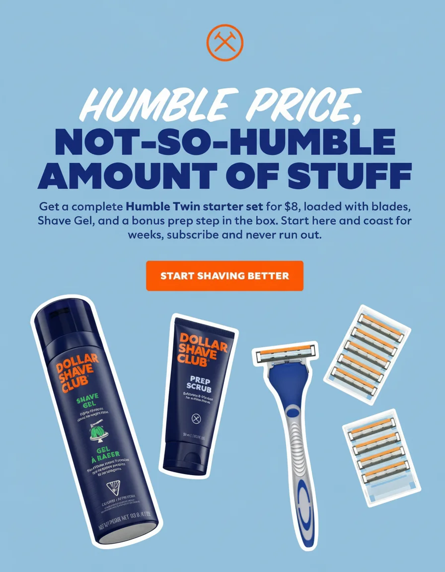 Dollar Shave Club starter set with razor, shave gel, prep scrub, and blades.