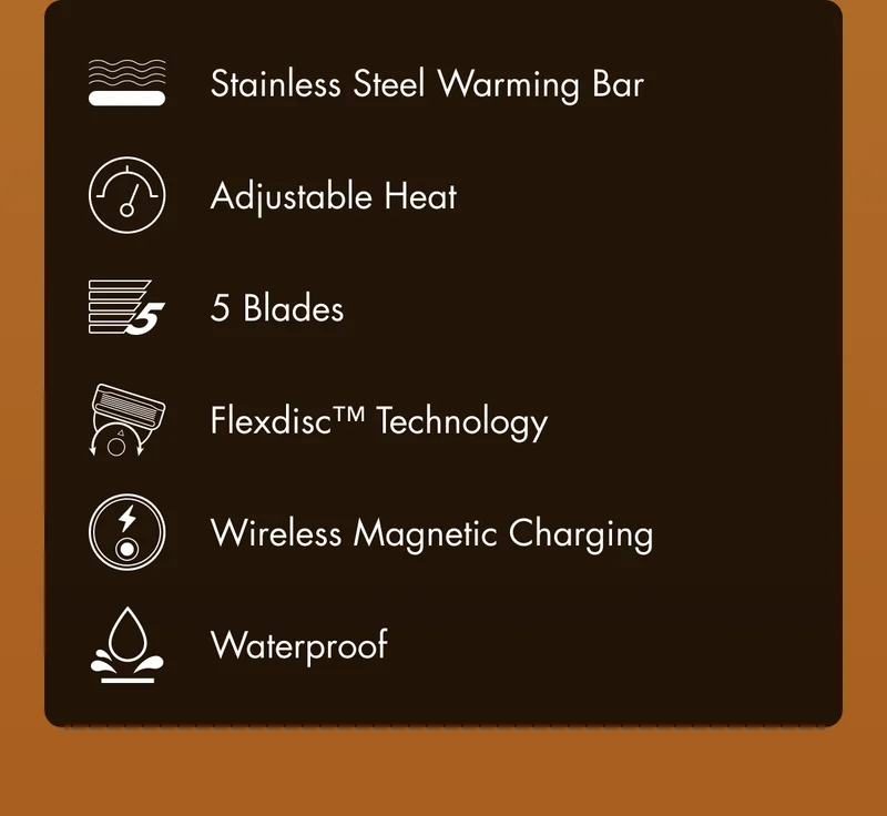Stainless Steel; Warming Bar; Adjustable Heat; 5 Blades; Flexdisc™ Technology; Wireless; Magnetic Charging; Waterproof