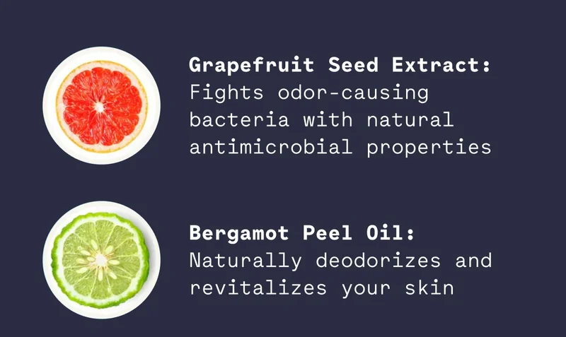 Grapefruit Seed Extract: Fights odor-causing bacteria with natural antimicrobial properties Bergamot Peel Oil: Naturally deodorizes and revitalizes your skin