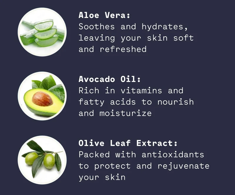 Aloe Vera: Soothes and hydrates, leaving your skin soft and refreshed Avocado Oil: Rich in vitamins and fatty acids to nourish and moisturize Olive Leaf Extract: Packed with antioxidants to protect and rejuvenate your skin