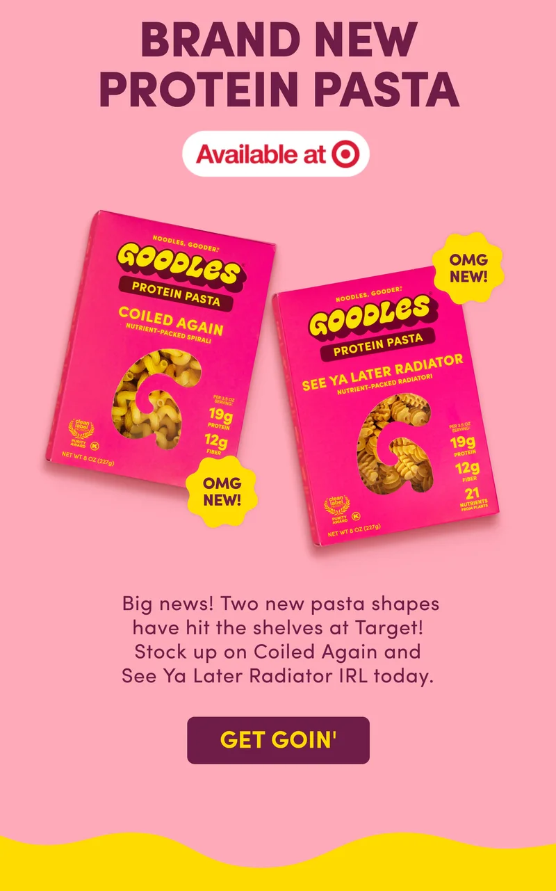 BRAND NEW PROTEIN PASTA AVAILABLE AT TARGET! Big news! Two new pasta shapes have hit the shelves at Target! Stock up on Coiled Again and See Ya Later Radiator IRL today.