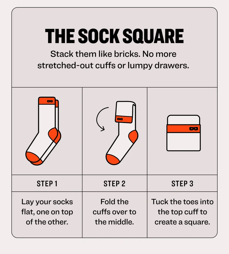 The Sock Square: Stack them like bricks. No more stretched-out cuffs or lumpy drawers. Step 1: Lay your socks flat, one on top of the other. Step 2: Fold the toe end up to the middle. Step 3: Fold the cuff over the toes to create square.