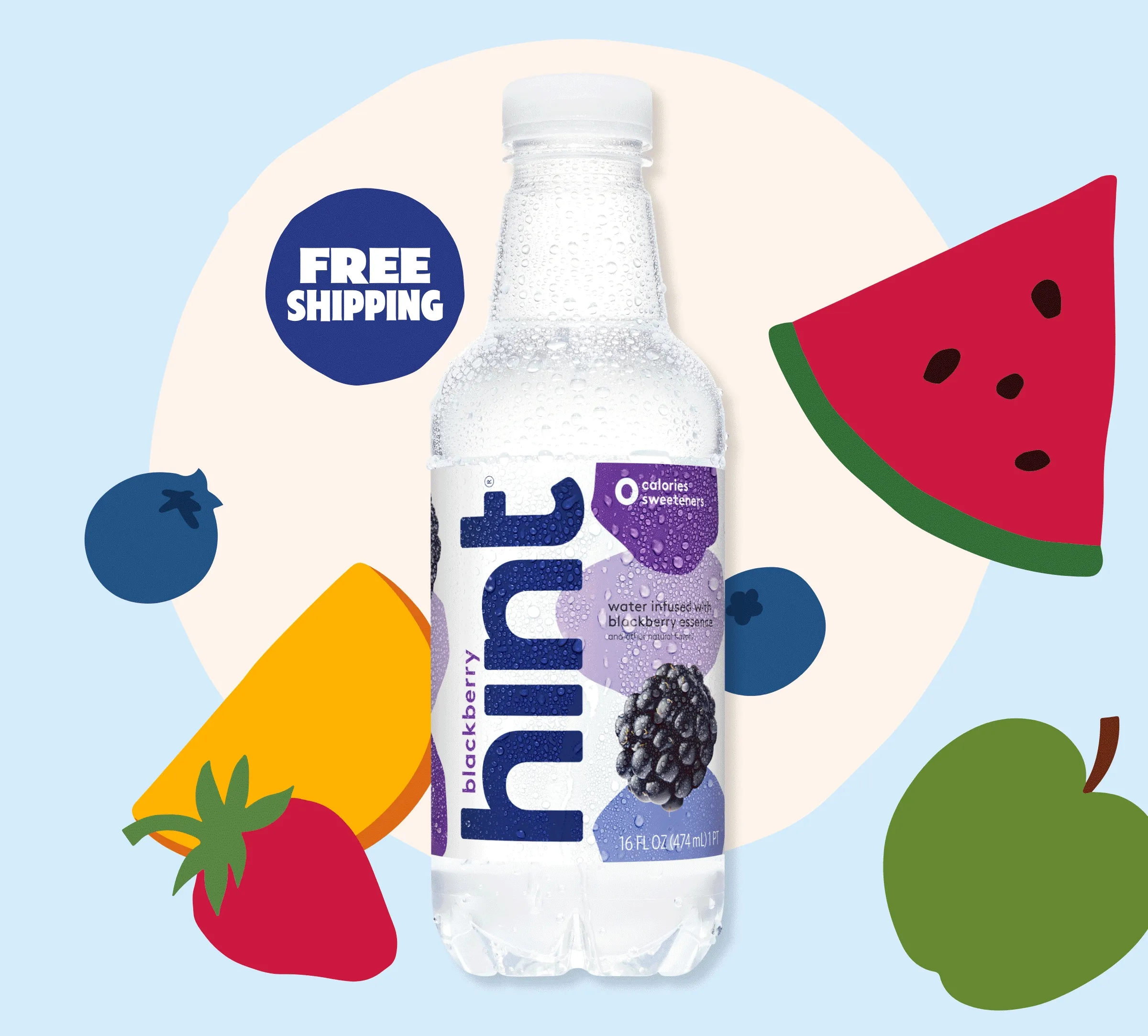 Bottle image rotating through Pineapple, Watermelon, and Blackberry