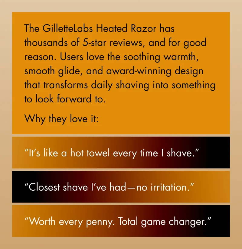 The GilletteLabs Heated Razor has thousands of 5-star reviews, and for good reason. Users love the soothing warmth, smooth glide, and award-winning design that transforms daily shaving into something to look forward to. Why they love it: “It’s like a hot towel every time I shave.”. “Closest shave I’ve had—no irritation.”. “Worth every penny. Total game changer.”