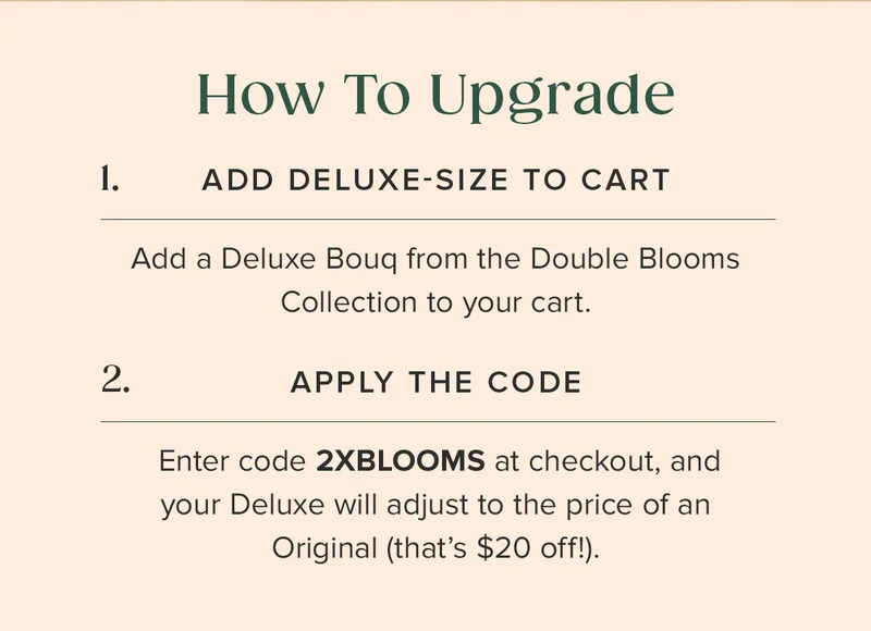 How To Upgrade: 1. ADD DELUXE-SIZE TO CART 2. APPLY THE CODE 2XBLOOMS (Your Deluxe size Bouq will adjust to the price of an Original --that's $20 off!)