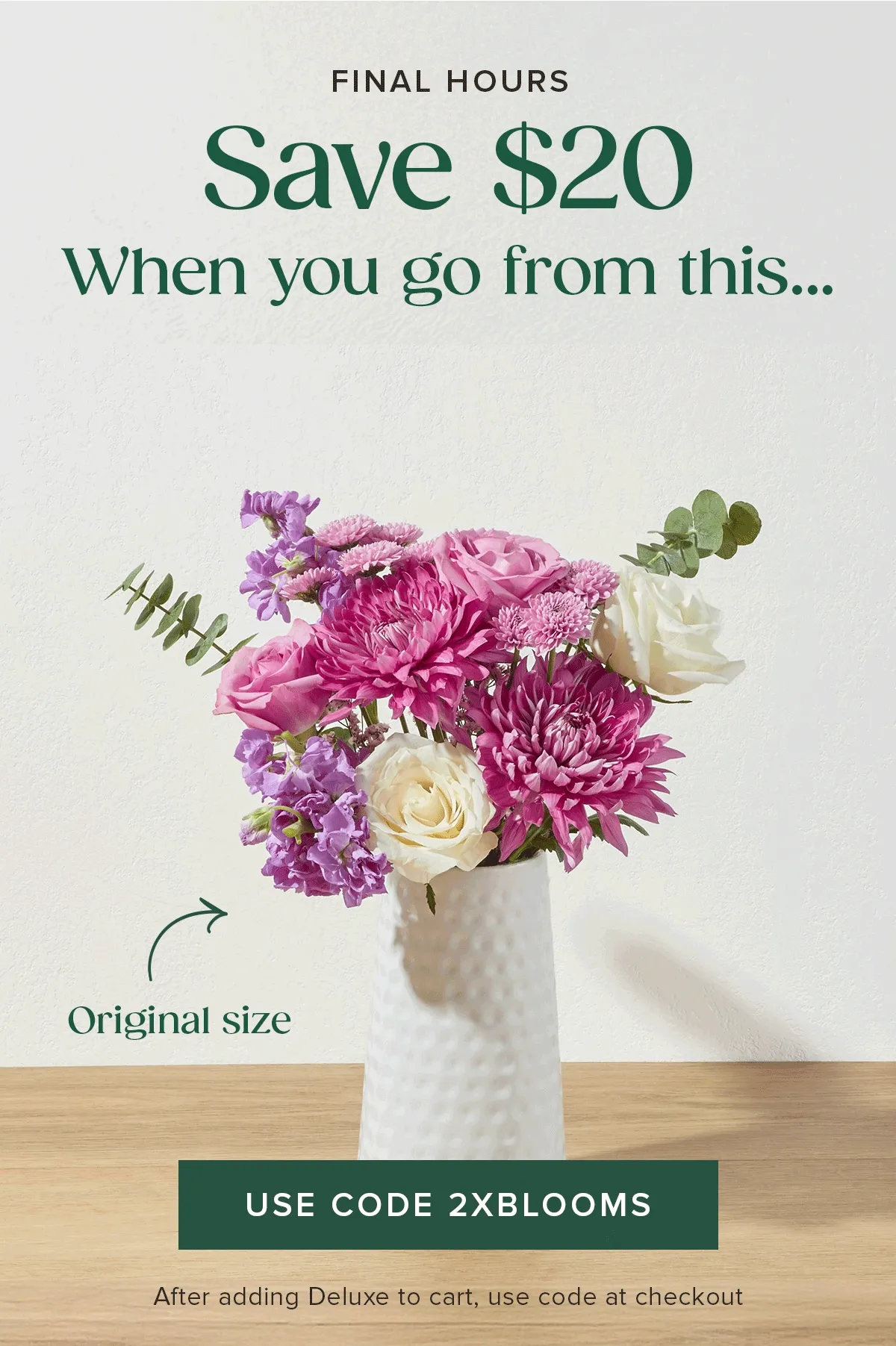 FINAL HOURS.Save $20 when you go from an original size to a deluxe sized Bouq. Add a deluxe sized Bouq to your cart and use code 2XBLOOMS.