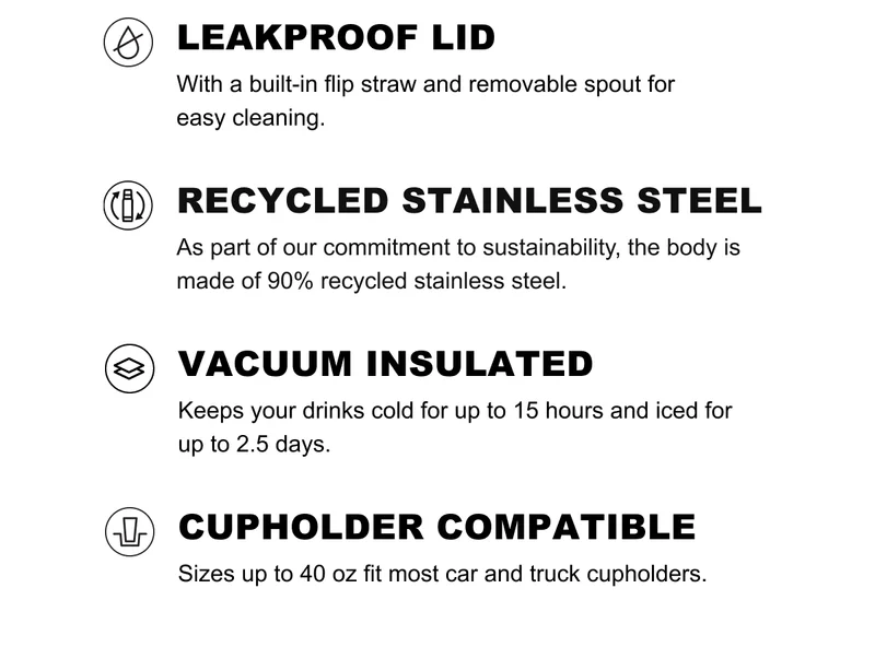 Featuring: Leakproof Lid, Recycles Stainless Steel, Vacuum Insulation, and Cup Holder Compatibility