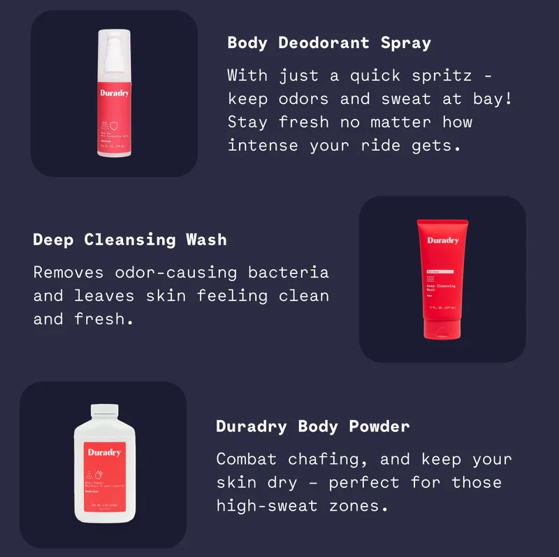 Deep Cleansing Wash Deep Cleansing Wash Removes odor-causing bacteria and leaves skin feeling clean and fresh. Removes odor-causing bacteria and leaves skin feeling clean and fresh. Duradry Body Powder Duradry Body Powder Duradry Body Powder Combat chafing, and keep your skin dry – perfect for those high-sweat zones. Combat chafing, and keep your skin dry – perfect for those high-sweat zones. Combat chafing, and keep your skin dry – perfect for those high-sweat zones.