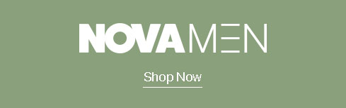 Sage green banner with white text 'NOVA MEN' and 'Shop Now' call to action. Explore our modern men's clothing and accessories.