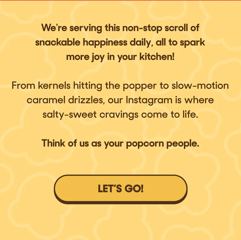 We're serving this non-stop scroll of snackable happiness daily, all to spark more joy in your kitchen!  From the mesmerizing sizzle of kernels hitting the popper to a perfect, gooey caramel drizzle in slow-motion, our Instagram is where you'll discover your next salty-sweet masterpiece.  Think of us as your popcorn people. LET'S GO!