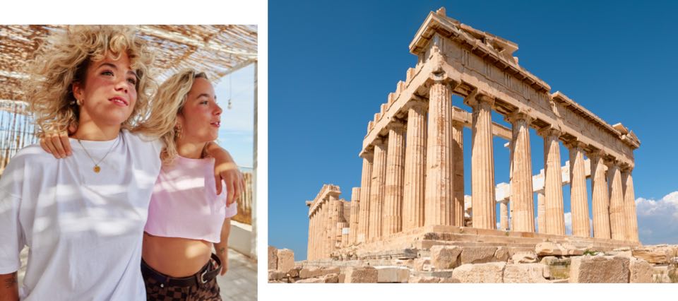 Left: Two close friends enjoying the sun. Right: The famous Acropolis in Athens..