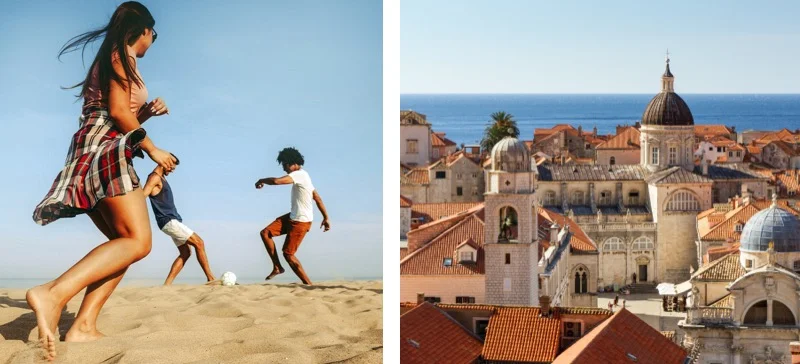 Left: People playing soccer on the beach. Right: The rooftops of Dubrovnik