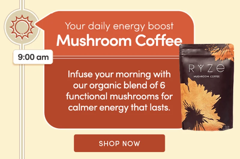 Your daily energy boost Mushroom Coffee | Infuse your morning with our organic blend of 6 functional mushrooms for calmer energy that lasts. | Shop Now
