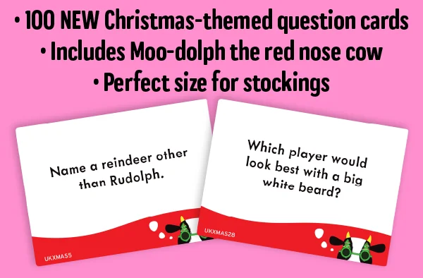DECK-OUT YOUR ORIGINAL GAME 100 NEW Christmas-themed question cards Includes Moo-dolph the red nose cow Perfect size for stockings
