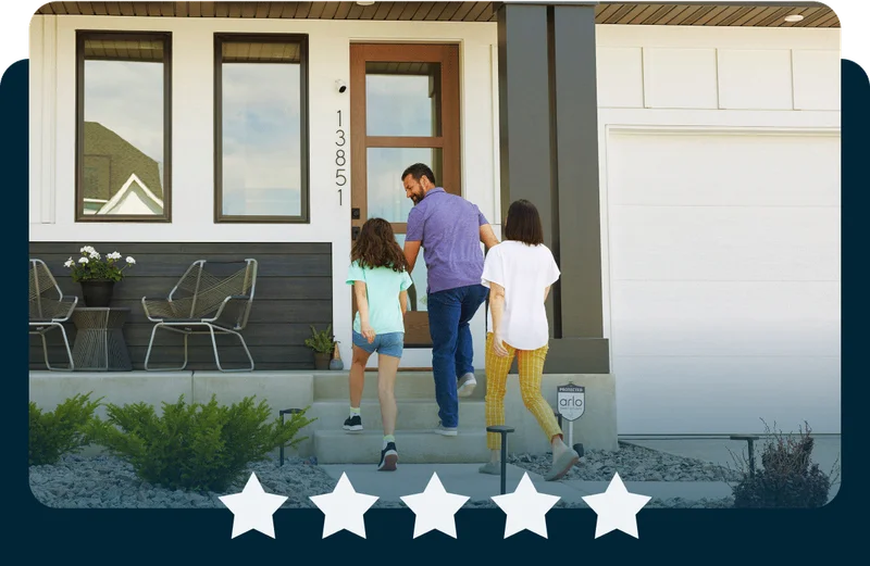 5 stars. Family walking up to the front door of their home with Arlo security products mounted nearby.