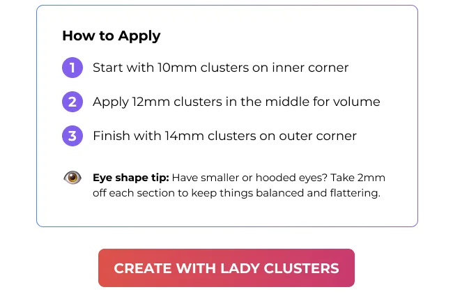 Instructions for Natural Everyday look: Start with 10mm clusters on inner corner. Apply 12mm clusters in the middle for volume. Finish with 14mm clusters on outer corner. Eye shape tip for smaller or hooded eyes: Take 2mm off each section.