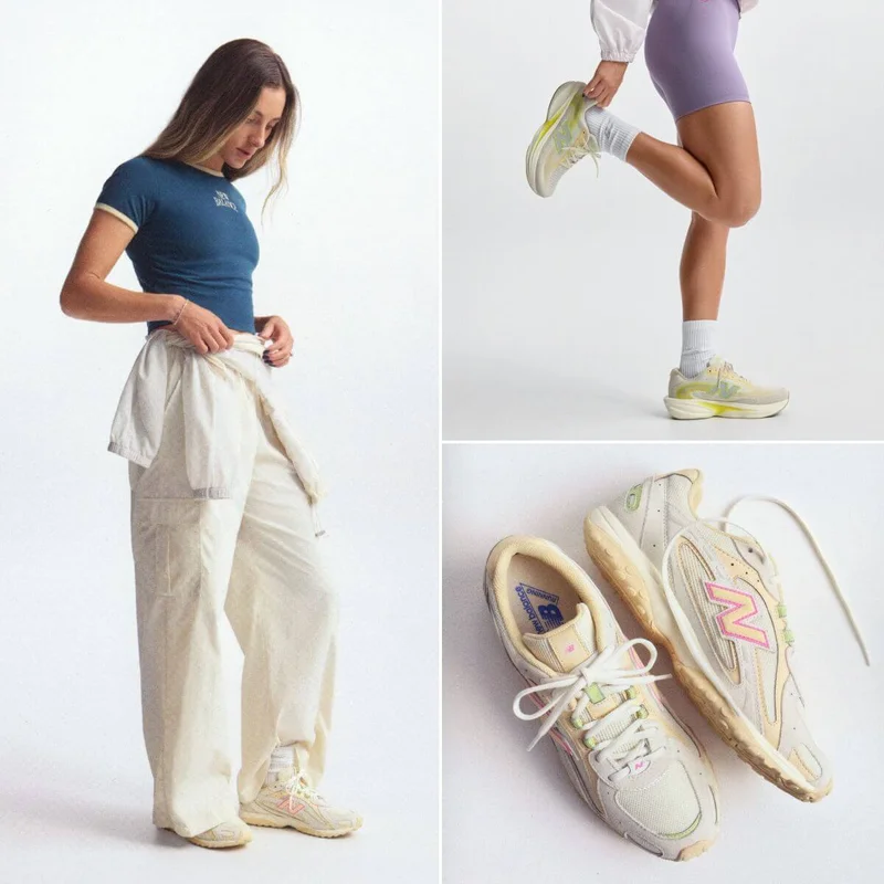 Photo montage of a woman wearing athletic wear and running shoes.