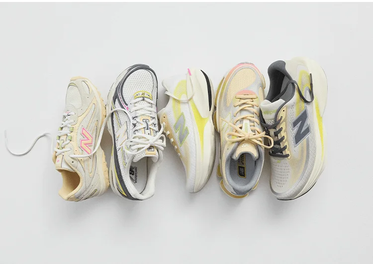 Line up of New Balance athletic shoes.