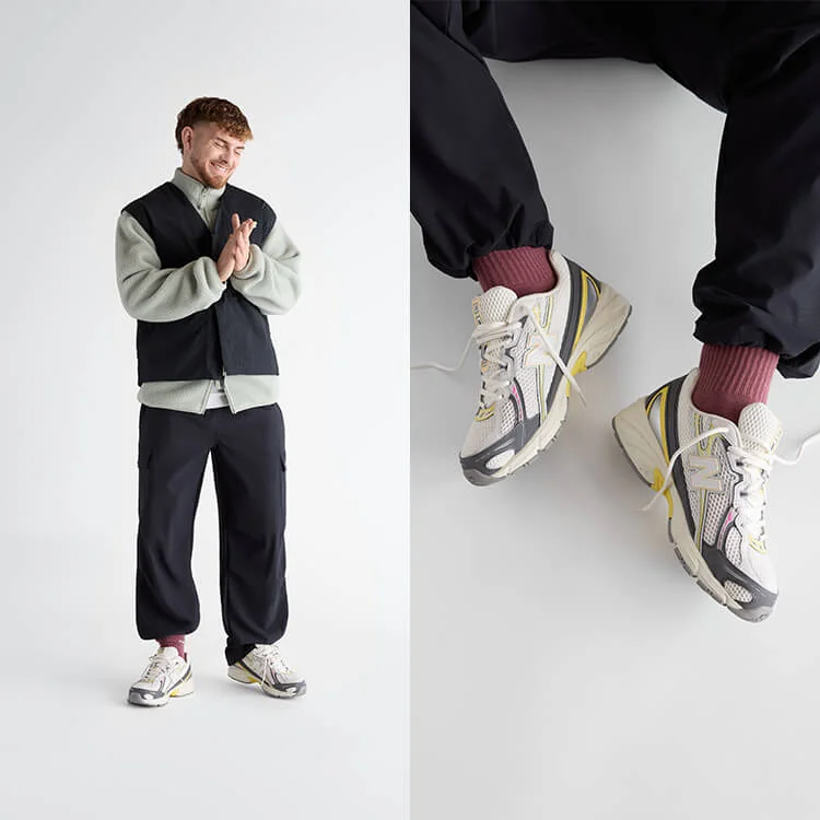 Photo montage of a man wearing athletic wear and running shoes.