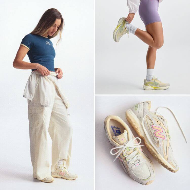 Photo montage of a woman wearing athletic wear and running shoes.