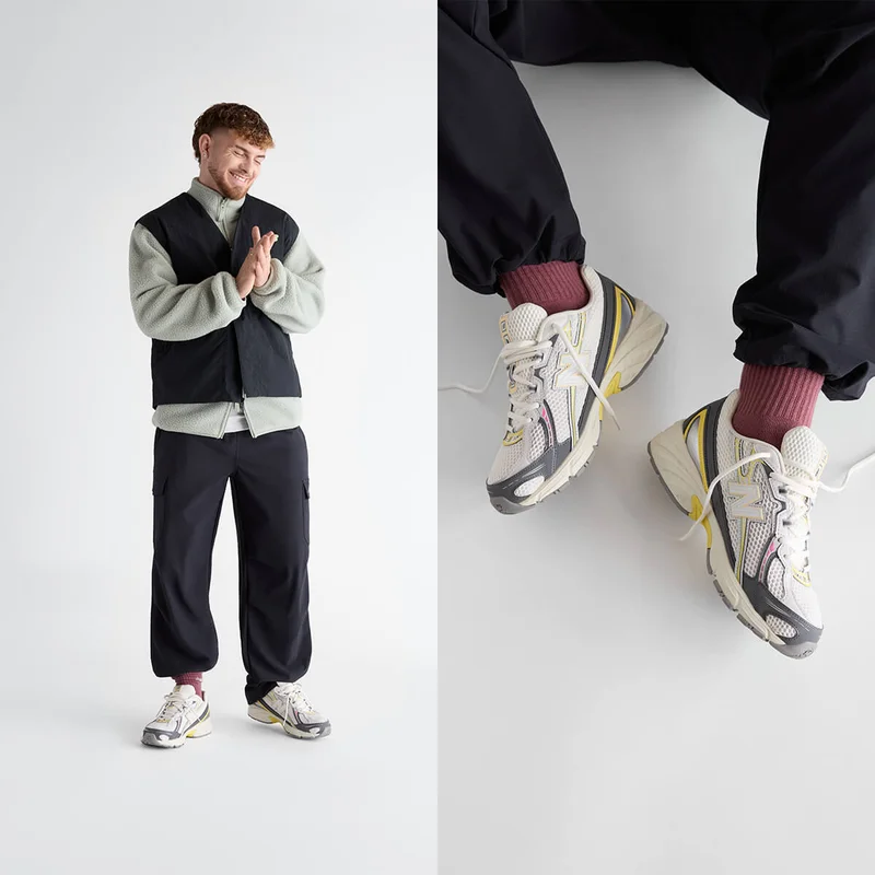 Photo montage of a man wearing athletic wear and running shoes.