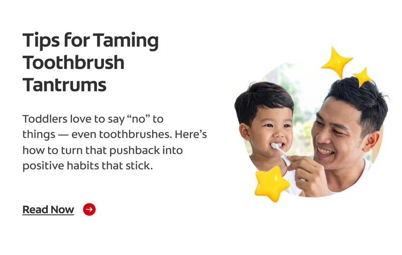 A father helps a younger child brush their teeth. There are yellow star illustrations overlapping the image.