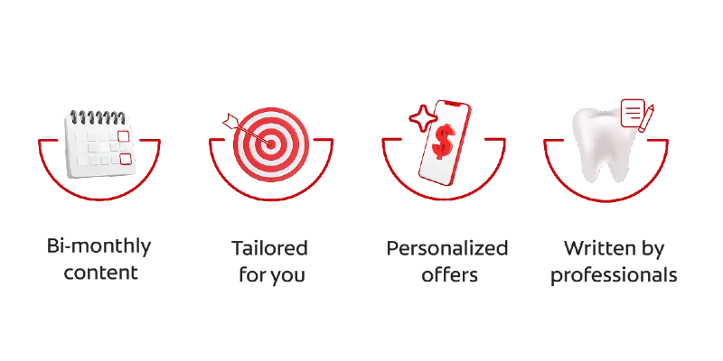 Four icons shown next to each other: One is a calendar next to bi-monthly content text. One is a bullseye next to tailored for you phone with dollar sign in the screen personalized offers tooth paper and pencil illustration over it written by professionals text.
