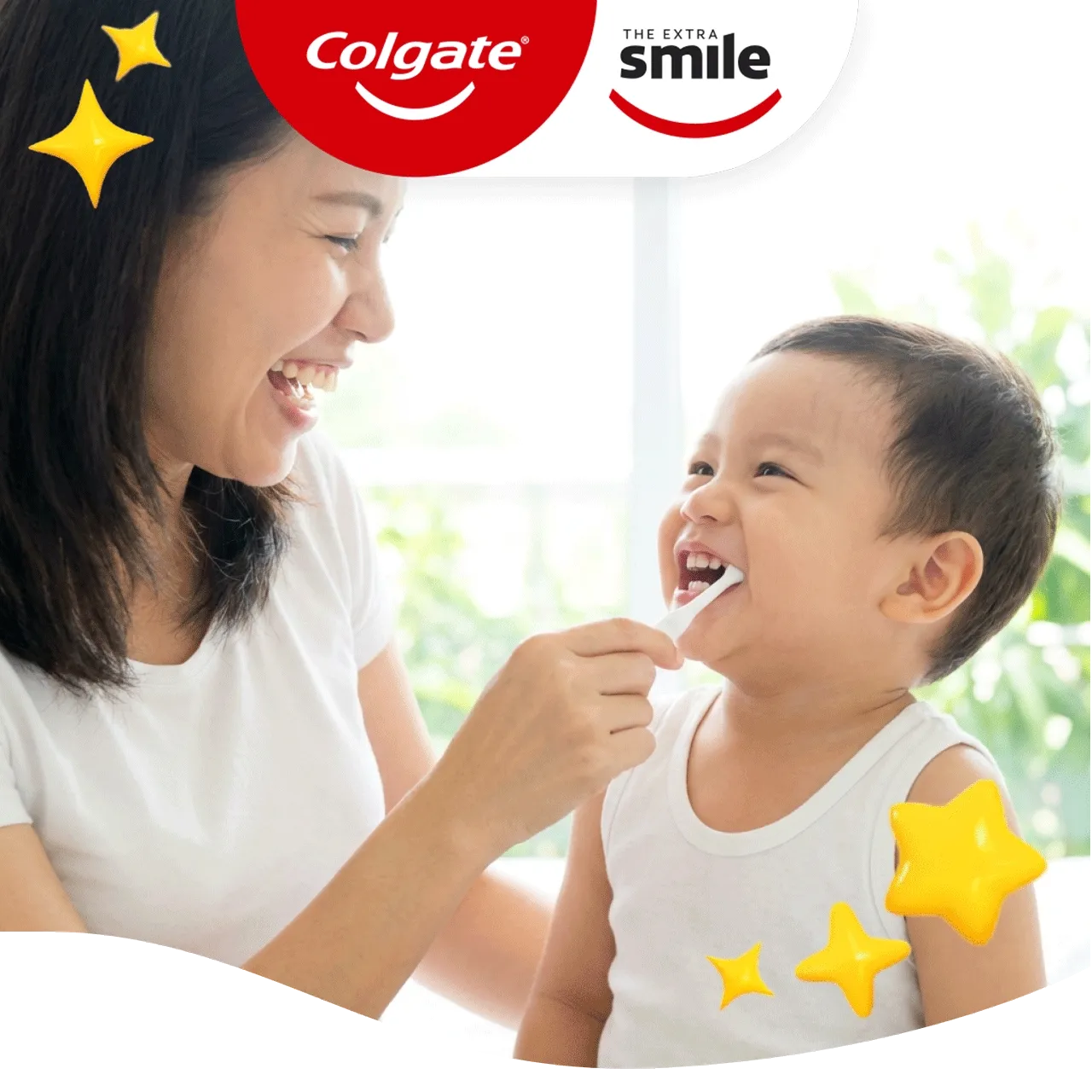 GIF of a mom helping her young child brush his teeth. The image then transitions into a younger child smiling and brushing their teeth on there own. There are yellow star illustrations overlapping the image.