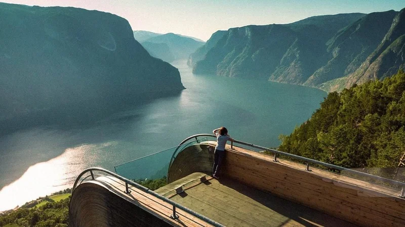 Image description: Woman takes in mountain vista as a river runs through from a well made overlook.