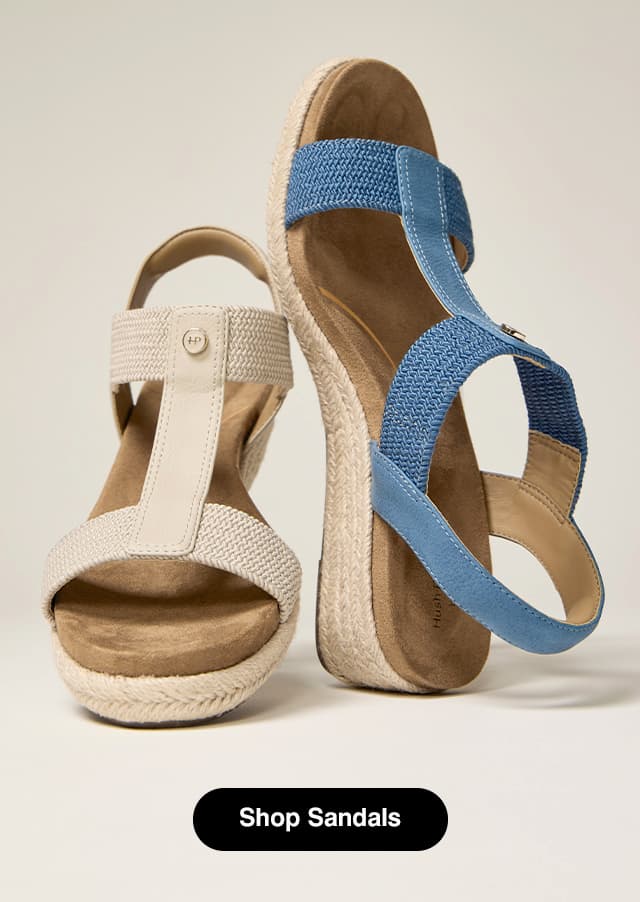 The Timina Sandal in Beige and Blue Breeze with smooth and woven straps and a walkable jute wedge.
