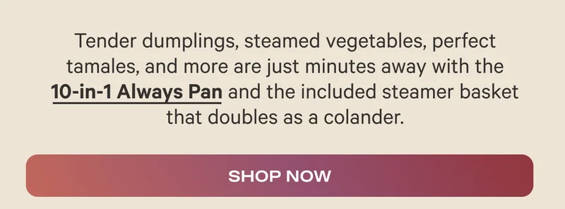 Tender dumplings, steamed vegetables, perfect tamales, and more are just minutes away with the    10-in-1 Always Pan and the included steamer basket that doubles as a colander.