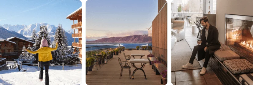 Stunning seasonal views and a cozy interior at properties in Switzerland and Iceland.